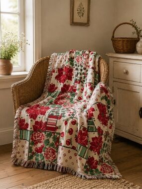 Vintage Tapestry Thick Throw Blanket Roses Floral Flower Fringe Red Green Apples